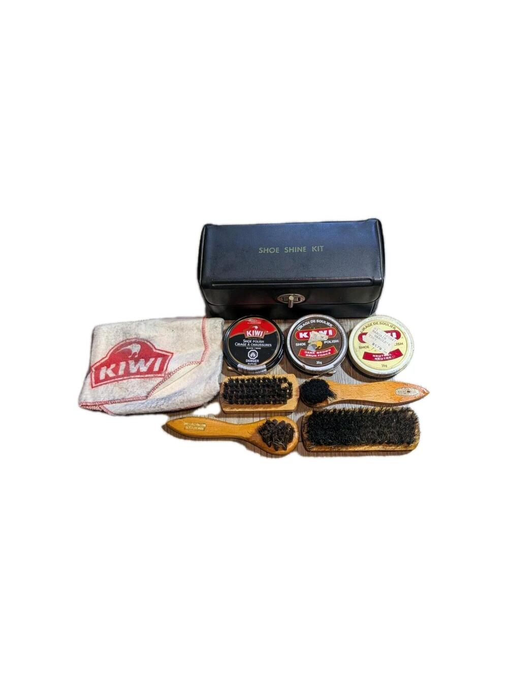 Vintage Kiwi Shoe Shine Kit W/ Brushes, 3 Polish Cans Cloths Complete